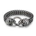 Punk silver woven chain bracelet with detailed skull clasps in stainless steel - 21cm / Matte Black