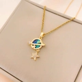 Star and planet necklace in gold finish with mother of pearl inlay and zircons - 389-9 Abalone Shell Planet Necklace - Gold Blue