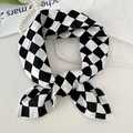 Classic black and white checkered cotton linen neck scarf with elegant knotting detail - Black and White Argyle