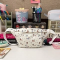 White canvas waist bag with colorful cartoon dog prints and adjustable strap - White