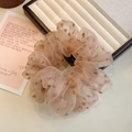Dettaglio macro dello scrunchie in tulle beige con stampe di cuori in velluto - Caffè Chiaro