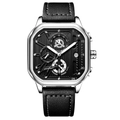 Mens business watch with silver square case black dial and black leather strap - 628 Silver Case Black Dial Leather Strap (Functional Chronograph)