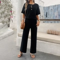 Women's black short sleeve knit top and wide leg pants two-piece leisure set - S / Black