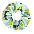 Light blue fabric hair scrunchie with yellow lemon and green leaf pattern for women - Peach Green