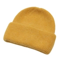 Detailed view of ginger yellow knitted beanie with classic ribbed weave and folded brim - One Size / Yellow