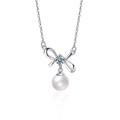 Elegant 925 silver bow necklace featuring a brilliant moissanite and round white pearl - 8mm Shell Pearl 0.5ct Moissanite Necklace (Platinum Plated)