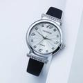Elegant silver quartz watch with diamond accents and black leather strap for women - Black