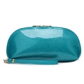 Teal glitter shell-shaped cosmetic pouch with golden zipper and wrist strap detail - Glitter Green