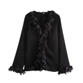 Elegante zwarte damesblouse met V-hals, lange mouwen en verfijnde 3D-bloemdecoraties - XS / Zwart