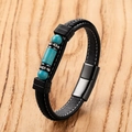 Braided black leather bracelet with turquoise beads and magnetic clasp on wood - Turquoise Style Rhinestone