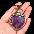Handheld vintage copper heart pendant with purple amethyst and cord necklace - Amethyst