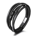 Multilayer black leather woven bracelet featuring a matching black metal magnetic clasp - Black