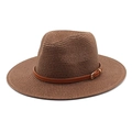 Close-up of woven straw texture and dark brown leather band with gold buckle on sun hat - M (56-58cm) / Brown