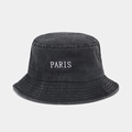 Close-up of white PARIS embroidery on black washed denim bucket hat with stitched brim - M (56-58cm) / Black
