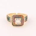 Anello regolabile in oro con grande zircone quadrato e alone di pietre color arcobaleno - Aperto Regolabile / Stile Grande Pietra Principale Quadrata Arcobaleno (Stile 2)