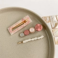 Detailed view of 3-piece hair clip set with pink terrazzo, glitter, and white pearls - Style 5 (3-Piece Set/Pink Terrazzo)