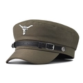 Detail of khaki military cap with bull metal badge and anchor rivet on canvas - M (56-58cm) / Army Green