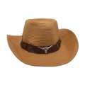Κλασικό καφέ ψάθινο καπέλο cowboy με δερμάτινη ζώνη και ασημένιο κεφάλι ταύρου - Στυλ Μεταλλικό Κεφάλι Ταύρου Με Κεντημένο Λουλούδι / Χακί