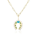 Collana a ferro di cavallo dorata con perle bianche e smalto verde su catena link - Verde