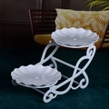 Elegant 2-tier white ceramic fruit stand with ornate metal handle for home decor - D-Bicycle