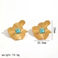 Detailed view of golden ripple square earrings with turquoise stones and size measurements - Turquoise Inlaid Radial Stud Earrings (TE60544-BL)