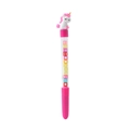 Detail of pink unicorn pen with transparent barrel and colorful letter beads inside - Rose Pink Unicorn