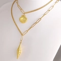 Double-layered gold necklace with seashell and conch pendants on paperclip chain - Scallop Spiral Conch Layered Necklace (DZ12882+12884)