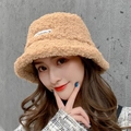 Plush lamb wool bucket hat in camel color with teddy ears for winter warmth - Khaki Lamb Wool Bucket Hat