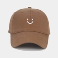 Detail of white smiley face embroidery on brown cotton twill baseball cap fabric - Adjustable / Brown