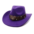 Macro detail of purple wool cowboy hat with rhinestone heart buckle on leather band - M (56-58cm) / Purple