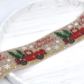 Linen Christmas ribbon featuring vintage red truck and Merry Christmas text print - Burlap Car Truck