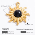 Golden sun pendant with black stone inlay, waterproof stainless steel jewelry component - Black Gemstone Sun Totem Style (PJ91458)