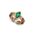 Close-up of golden adjustable ring with green marquise stone and colorful zircons - Marquise Colorful Gem