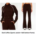 Deep coffee yoga set with zipper jacket and flared pants featuring side stripes - S / Dark Coffee (Sport Jacket + Flare Pants)