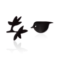 Detailed view of glossy black bird and leaf branch studs in a sleek minimalist style - Blue Grey Tie Dye