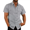 Men's loose fit short sleeve linen shirt in grey color with double chest pockets - Gray