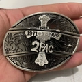 Detail of vintage silver 2PAC tribute belt buckle with cross and commemorative engraving - 2PAC Cross