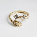 18K gold plated leaf open ring with three sparkling zircons in a minimalist nature style - Leaves Gold