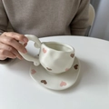 Irregular cream ceramic coffee cup and saucer set with pink and brown heart patterns - Matte Large Heart Cup & Saucer Set / Cup + Saucer Set