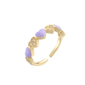 Adjustable golden ring with purple enamel hearts and micro-paved cubic zirconia stones - Purple