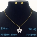 Golden titanium steel jewelry set featuring flower pendants with sparkling crystals - White (KS201533-GG)