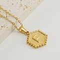 Gold stainless steel hexagonal necklace with embossed letter E and beaded edge finish - Letter F (Single Pendant)
