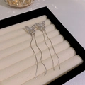 Silver bow tassel earrings with sparkling rhinestones and elegant fringe design - Butterfly Rhinestone Pearl Tassel (HSLA505 Silver)