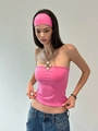 Close-up of pink strapless tube top and matching headband worn with blue jeans - XS / Barbie Pink