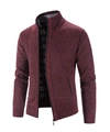 Dettaglio del cardigan in maglia bordeaux con collo alto e fodera classica a quadri - Bordeaux