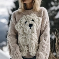 Schicker beigefarbener Strickpullover mit weißer 3D-Hunde-Applikation und Textur - JSTGI-5347734687 / S