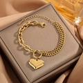 Gold double-layer heart pendant bracelet with asymmetric chain and adjustable lobster clasp - Gold Asymmetric 3D Heart Style (5323)