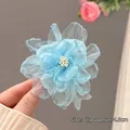 Light blue organza flower hair claw clip with 4.5cm inner grip for elegant hairstyles - 405 Mesh Flower Clip - Blue