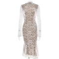 Elegant white lace long sleeve mermaid dress with a high neck and hollow-out floral patterns - S / White