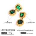 Retro geometric stainless steel drop earrings in gold finish with green faceted gemstone - Rectangular Frame Green Stone Drop Earrings